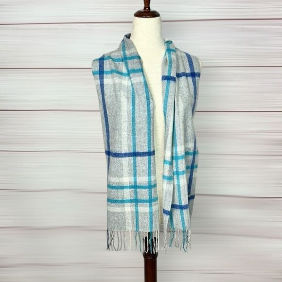Charter Club Cashmere Scarf Gray Blue Plaid with Fringes Women’s Men’s - Picture 4 of 9